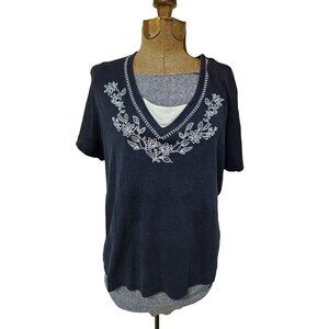 Karen Scott Womens V Neck Embroidered Floral Top XL Black White Cotton Shirt